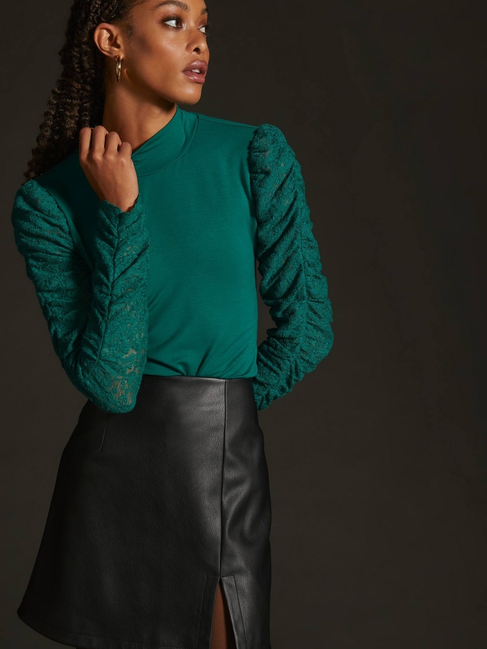 Maeve Teal Mock Neck Long Sleeve Lace-Sleeve Top